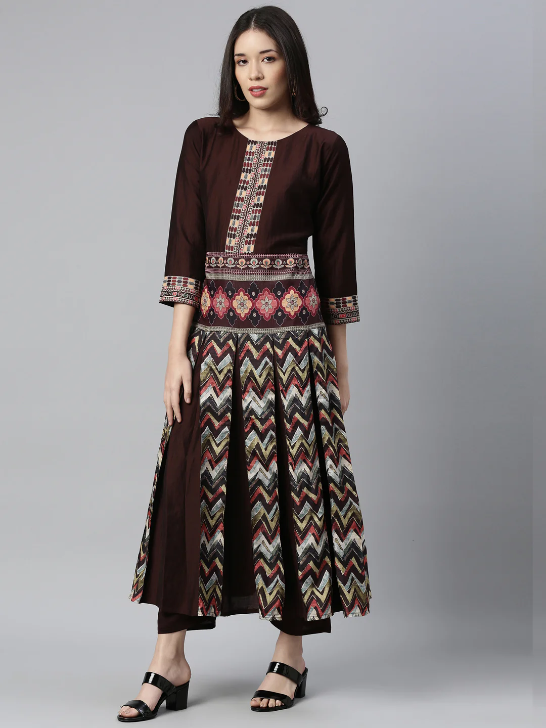 Neerus Women Brown Printed Panelled Kurta with Trousers - Image 2