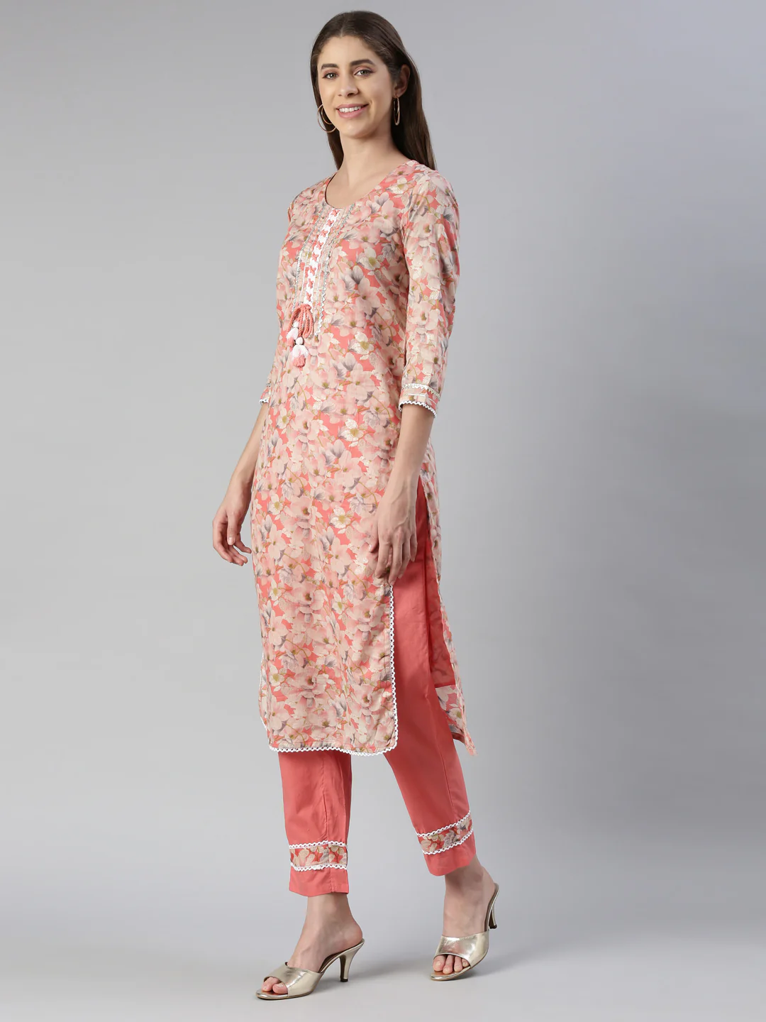 Neerus Women Carrot Printed Calf Length Kurta And Trousers With Dupatta - Image 2