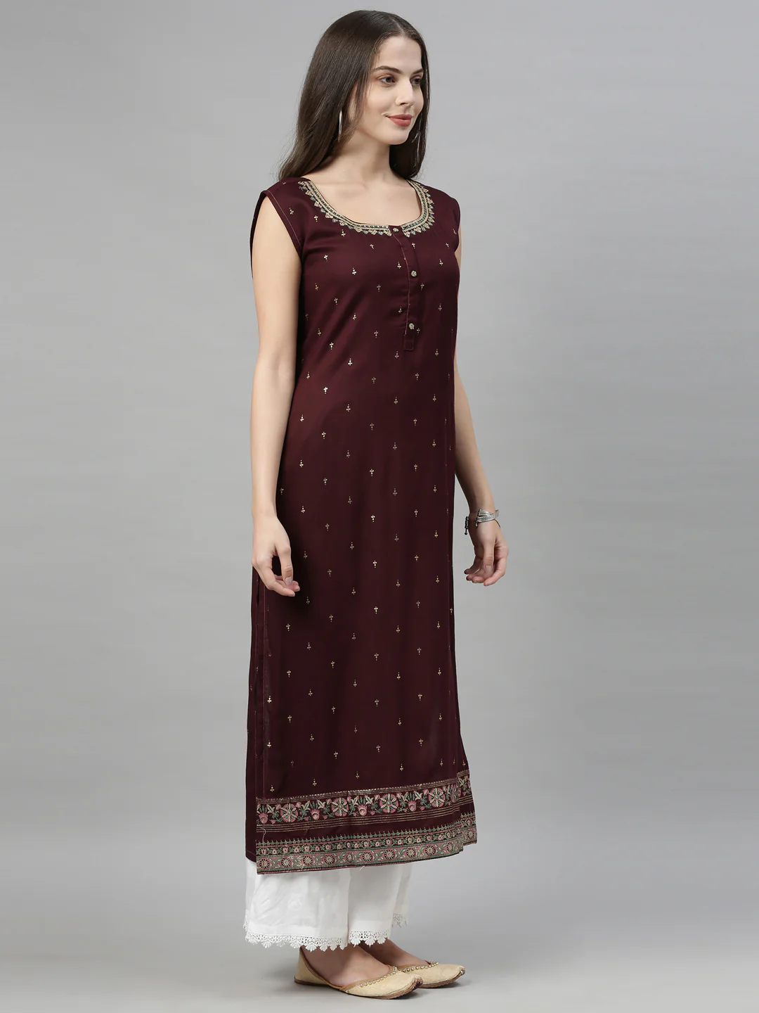 Neerus Women Coffee Brown  Beige Ethnic Motifs Print Round Neck Straight Kurta - Image 2