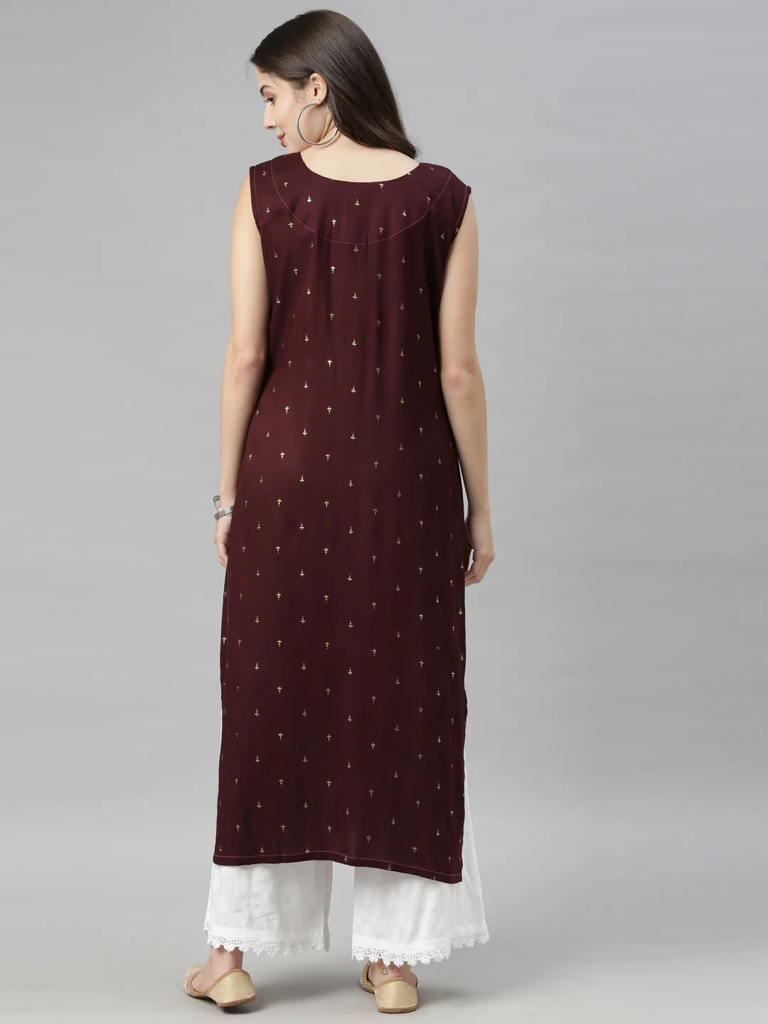Neerus Women Coffee Brown  Beige Ethnic Motifs Print Round Neck Straight Kurta - Image 3