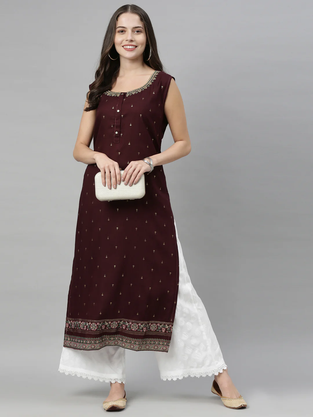 Neerus Women Coffee Brown  Beige Ethnic Motifs Print Round Neck Straight Kurta - Image 5