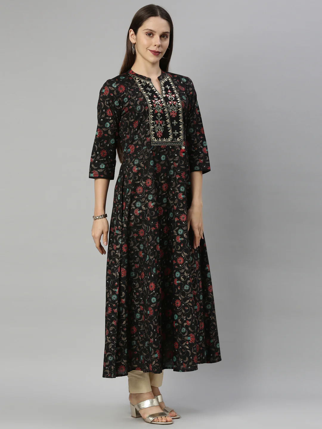 Neerus Women Coffee Brown Block Print Tie-up Neck Chanderi Silk Kurta - Image 2