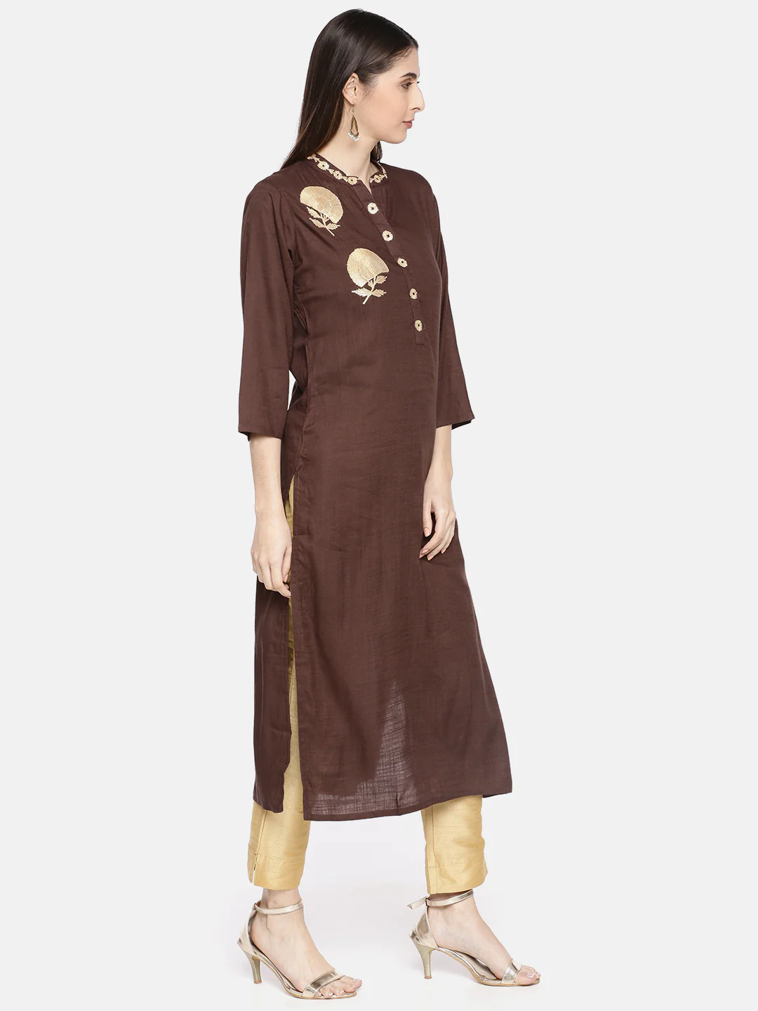 Neerus Women Coffee Brown Solid Straight Kurta With Embroidery Detailing - Image 3