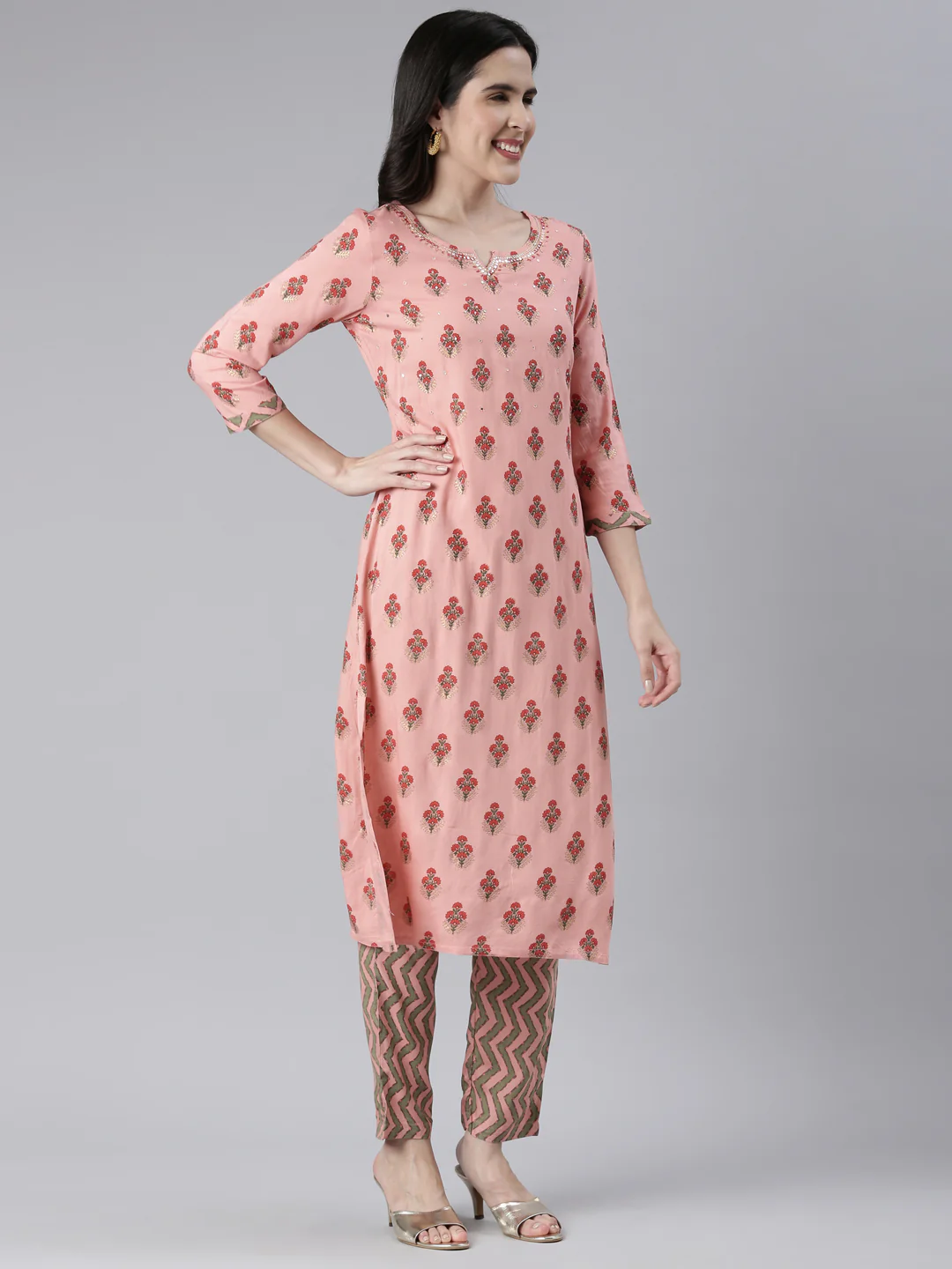Neerus Women Coral Solid Calf Length Kurta And Trousers - Image 2