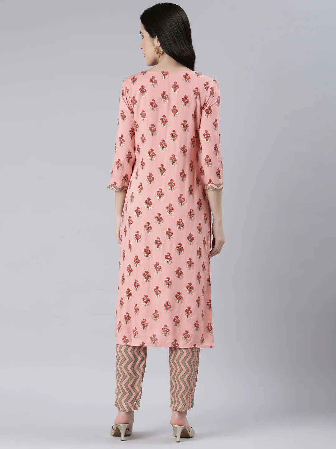 Neerus Women Coral Solid Calf Length Kurta And Trousers - Image 3