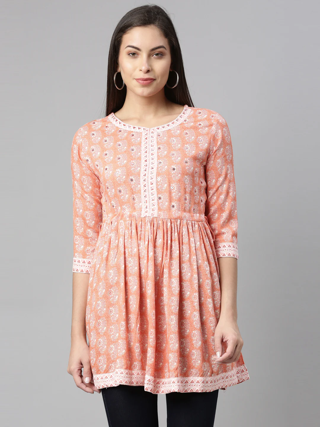Neerus Women Coral White Floral Printed Sequinned Pleated Kurti