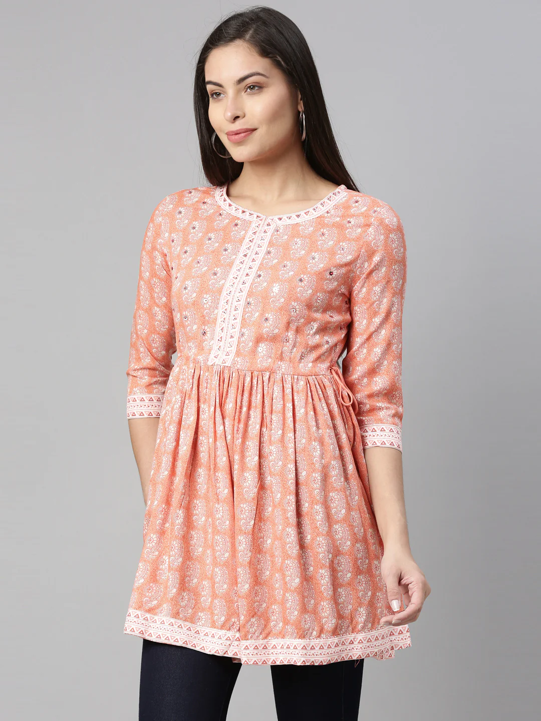 Neerus Women Coral White Floral Printed Sequinned Pleated Kurti - Image 2