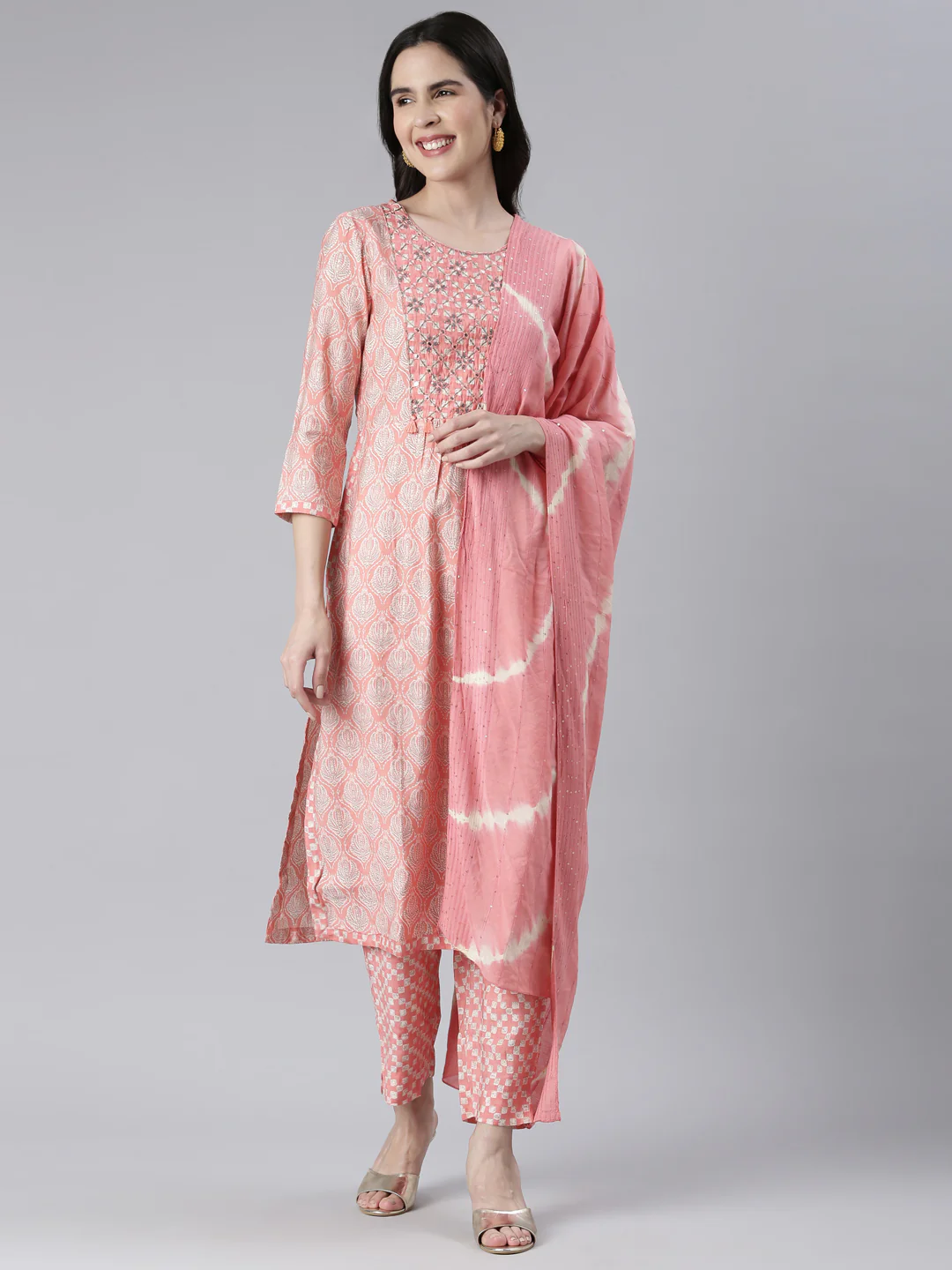 Neerus Women Coral Yoke Design Calf Length Kurta And Trousers With Dupatta