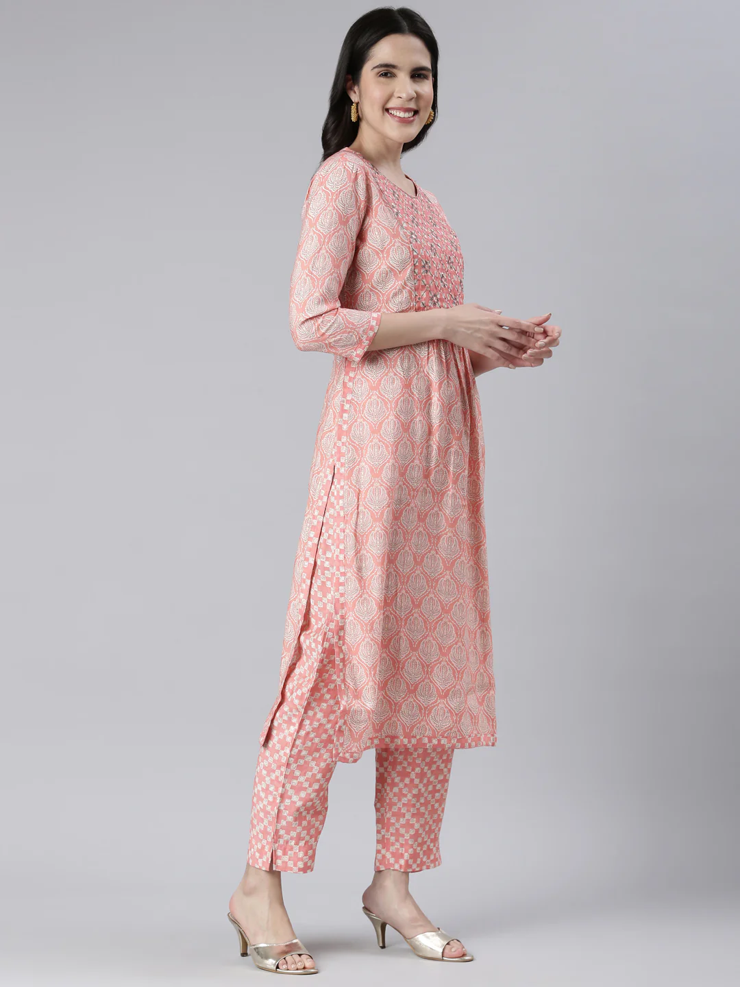 Neerus Women Coral Yoke Design Calf Length Kurta And Trousers With Dupatta - Image 2
