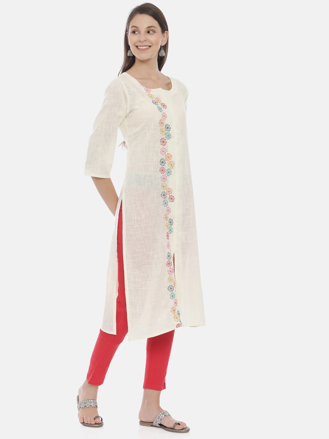 Neerus Women Cream-Coloured Embroidered A-Line Kurta - Image 3
