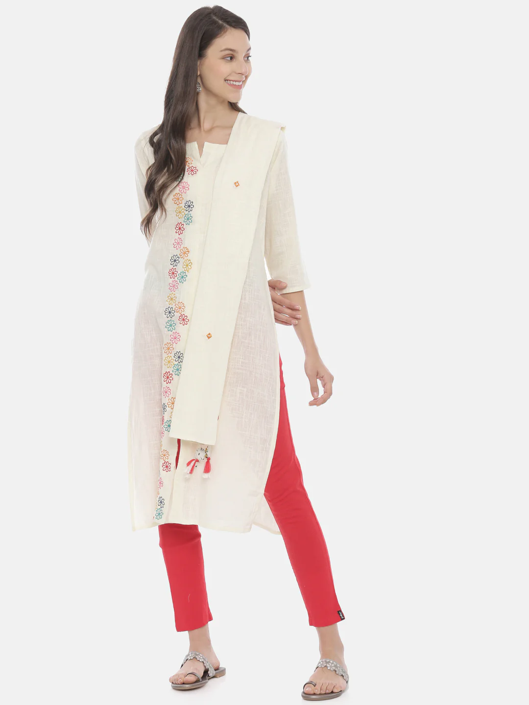 Neerus Women Cream-Coloured Embroidered A-Line Kurta - Image 6
