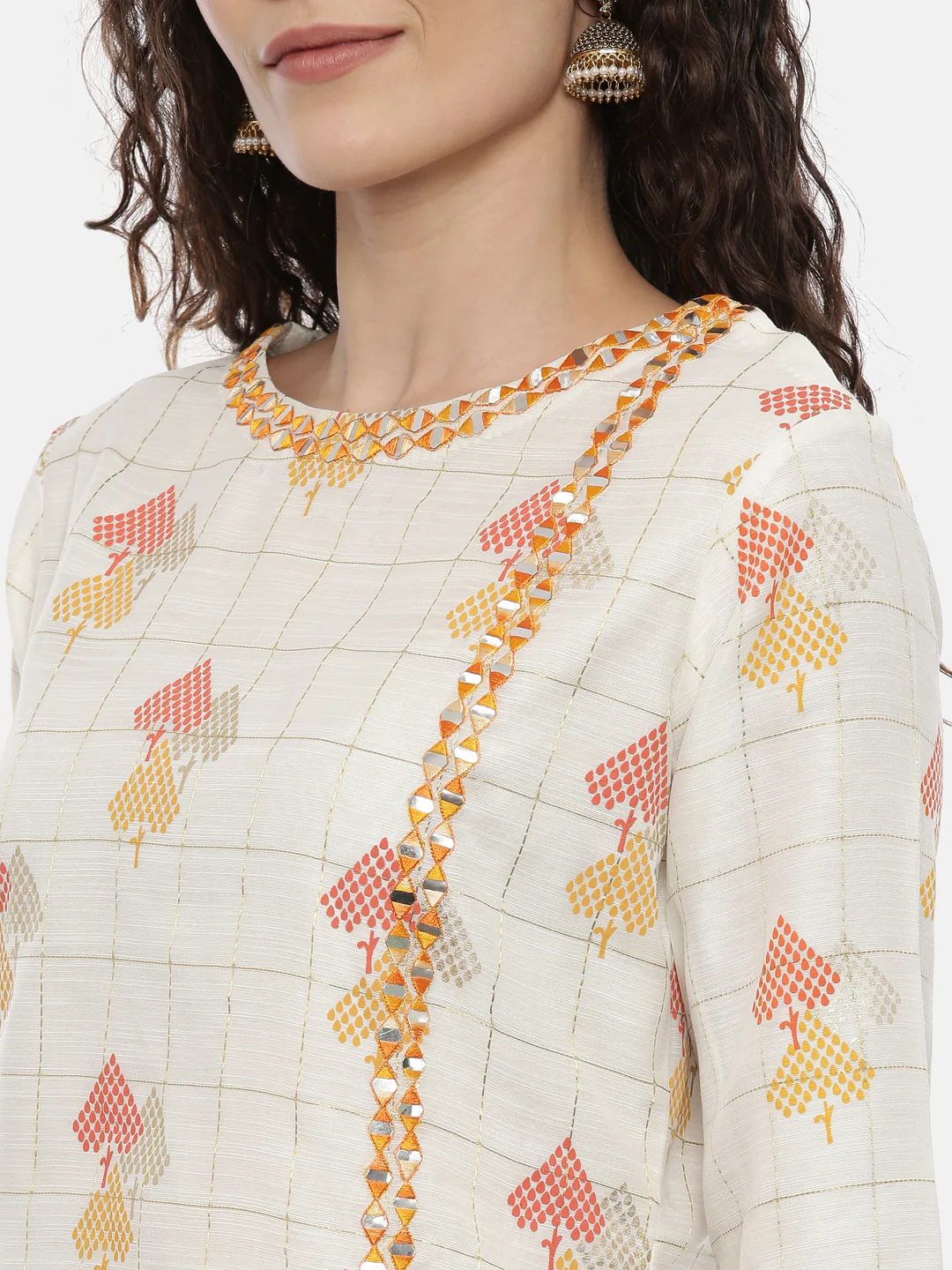 Neerus Women Cream-Coloured Embroidered Kurta with Palazzos and Dupatta - Image 4