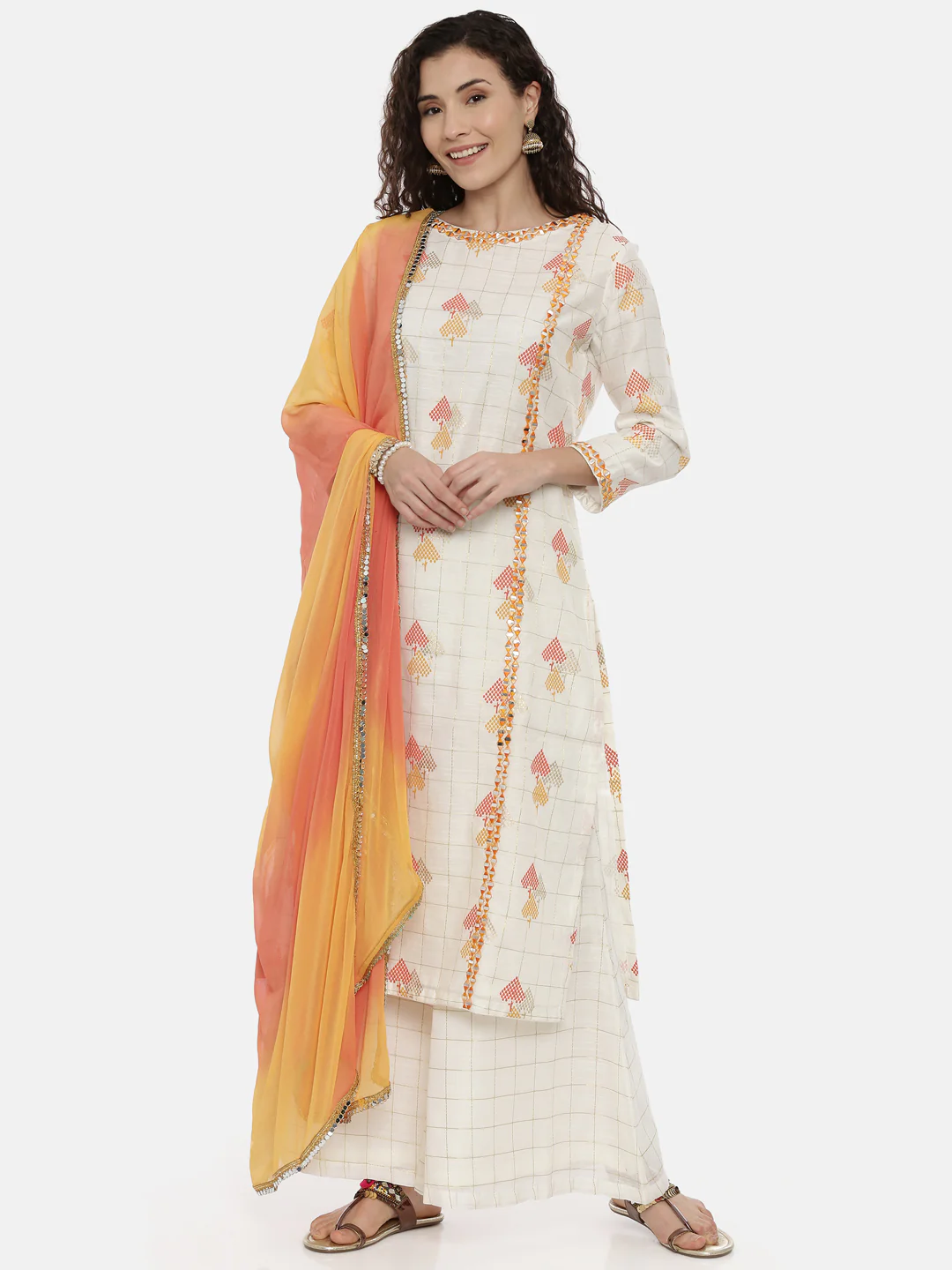 Neerus Women Cream-Coloured Embroidered Kurta with Palazzos and Dupatta - Image 5