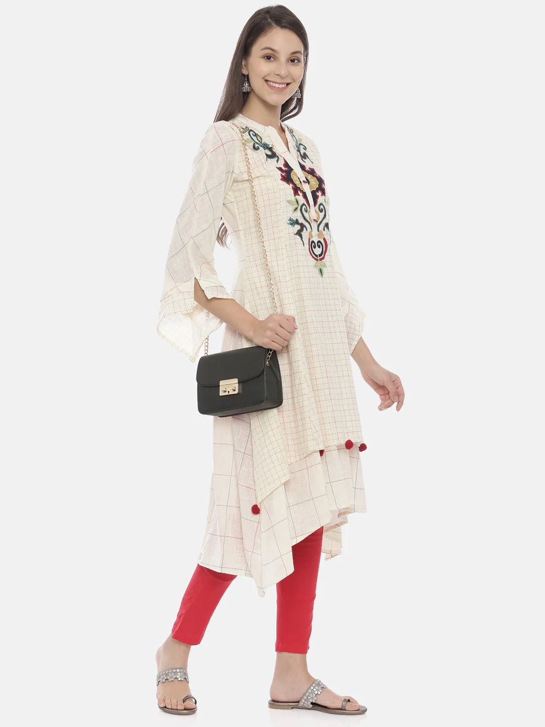 Neerus Women Cream-Coloured Embroidered Layered A-Line Kurta - Image 5