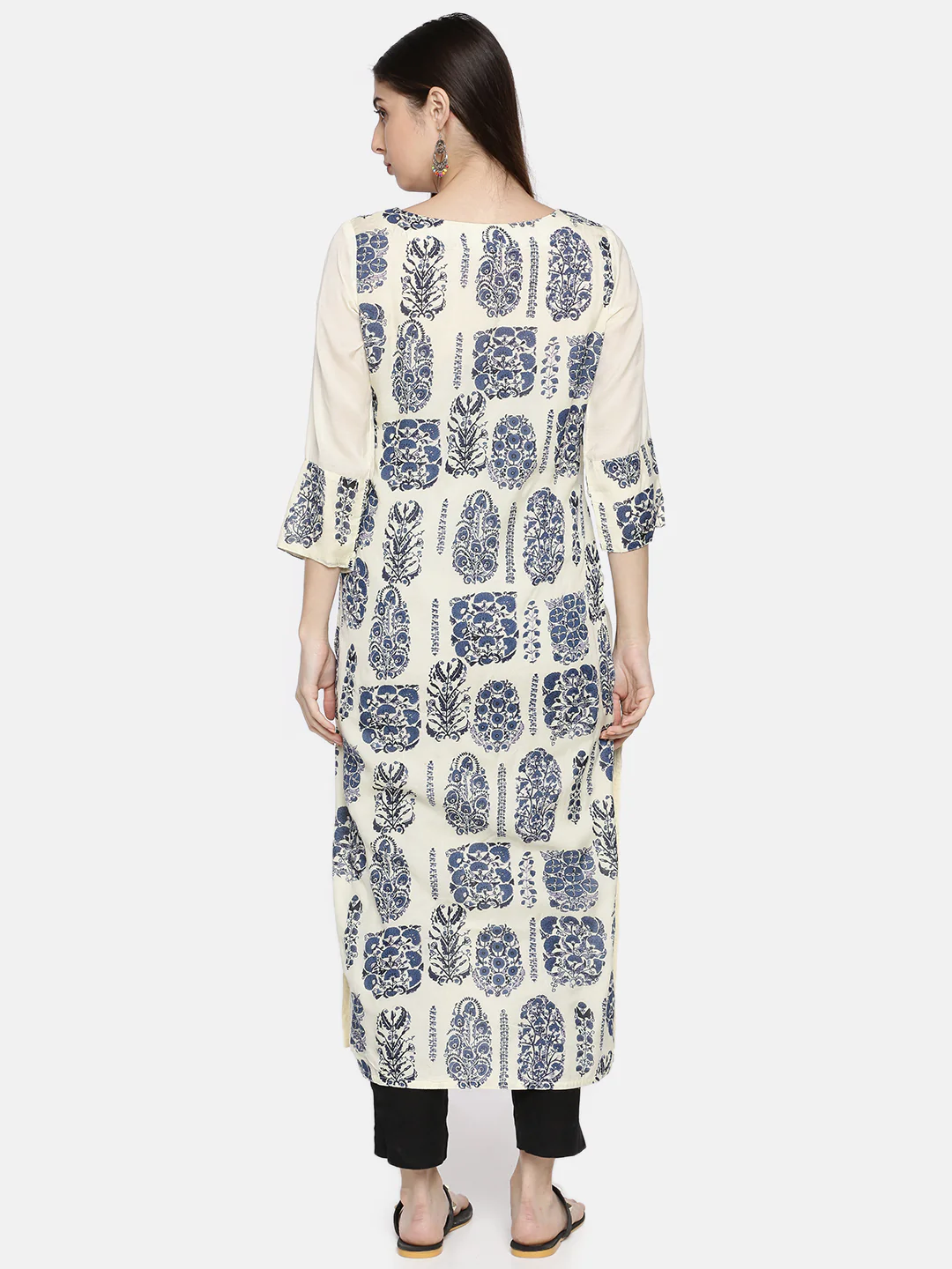 Neerus Women Cream-Coloured Navy Blue Printed Straight Kurta - Image 5