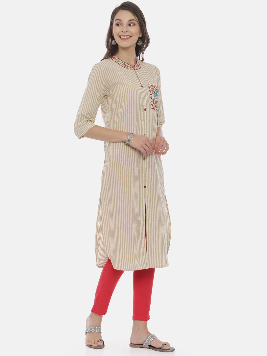 Neerus Women Cream-Coloured White Embroidered Straight Kurta - Image 3