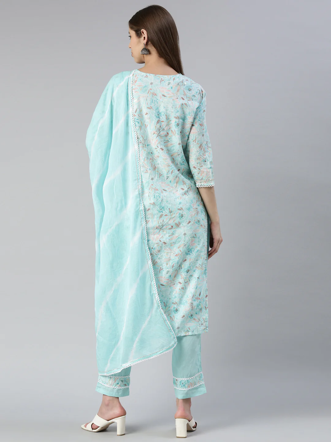 Neerus Women Ferozi Printed Calf Length Kurta And Trousers With Dupatta - Image 3