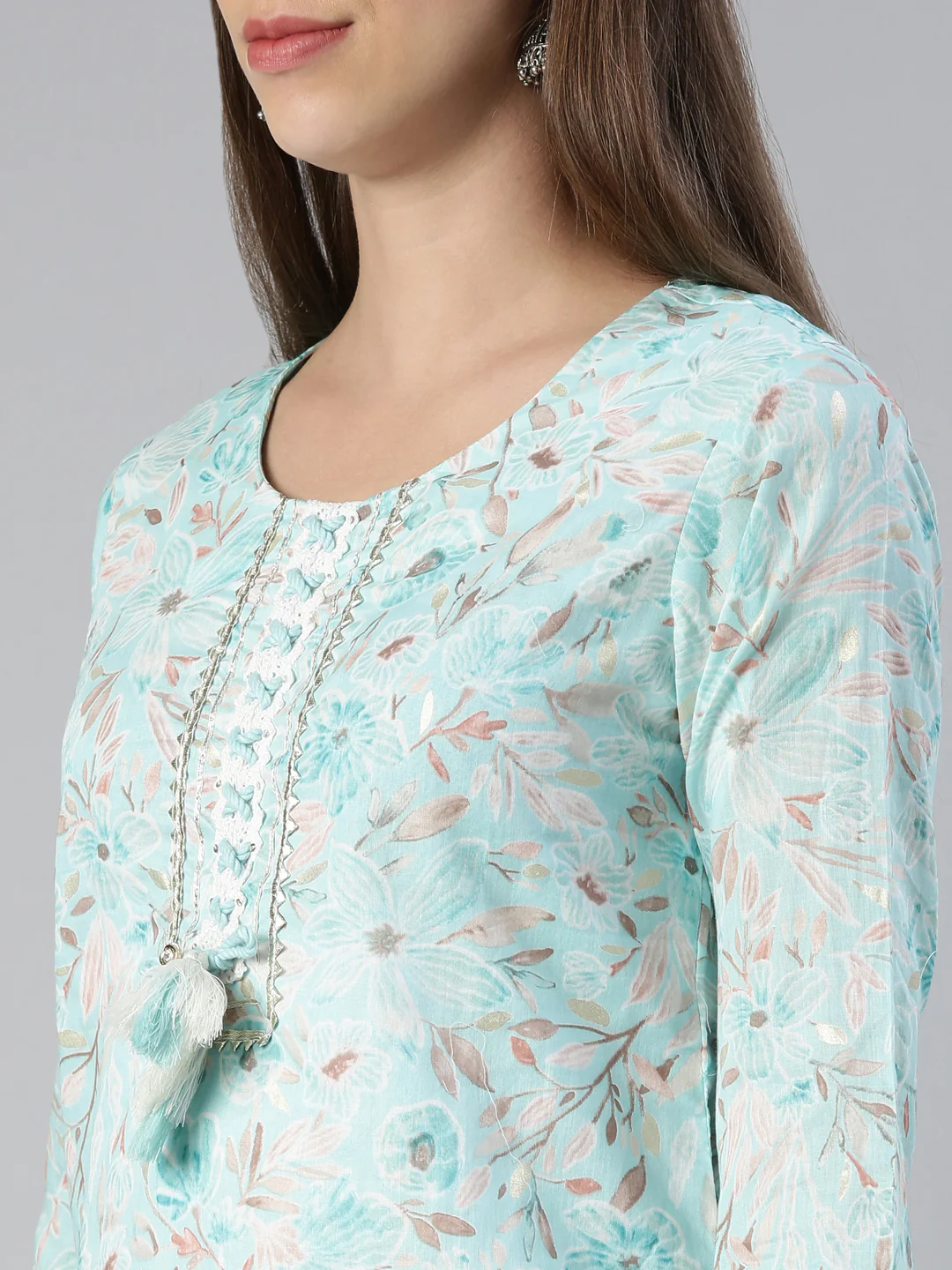 Neerus Women Ferozi Printed Calf Length Kurta And Trousers With Dupatta - Image 4