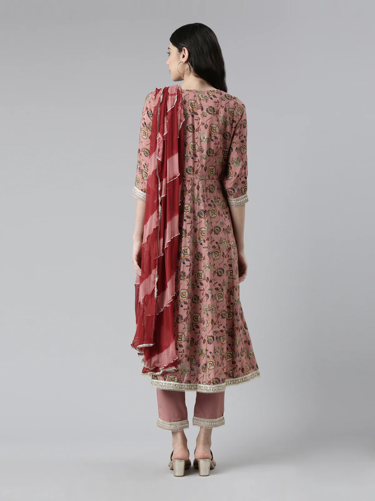 Neerus Women Floral Printed Pleated Zardozi Kurta with Trousers & Dupatta - Image 5