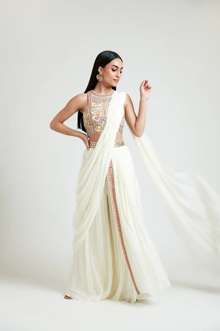 Neerus Women Georgette Cream Ghagra Set