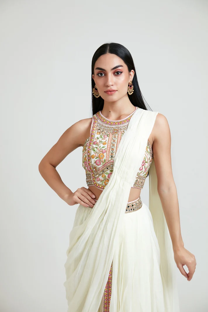 Neerus Women Georgette Cream Ghagra Set - Image 6