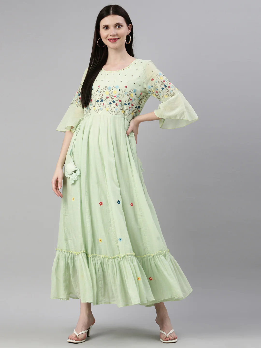 Neerus Women Green Blue Yoke Design Thread Work Anarkali Kurta - Image 6