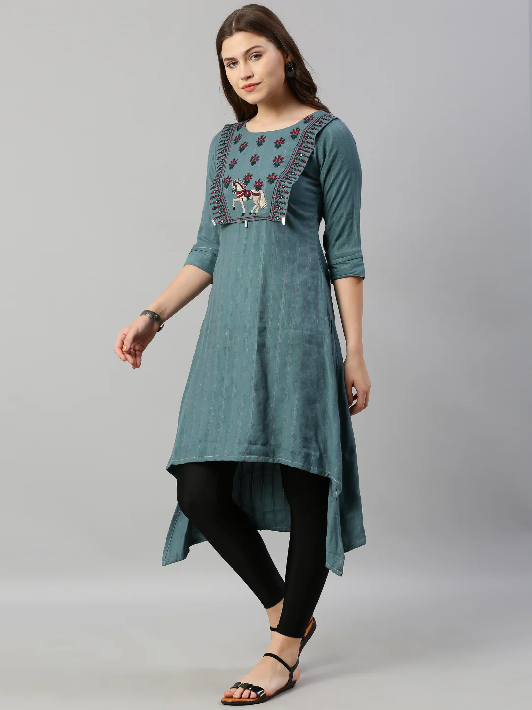 Neerus Women Green Burgundy Embroidered Yoke Design A-Line Kurta - Image 4