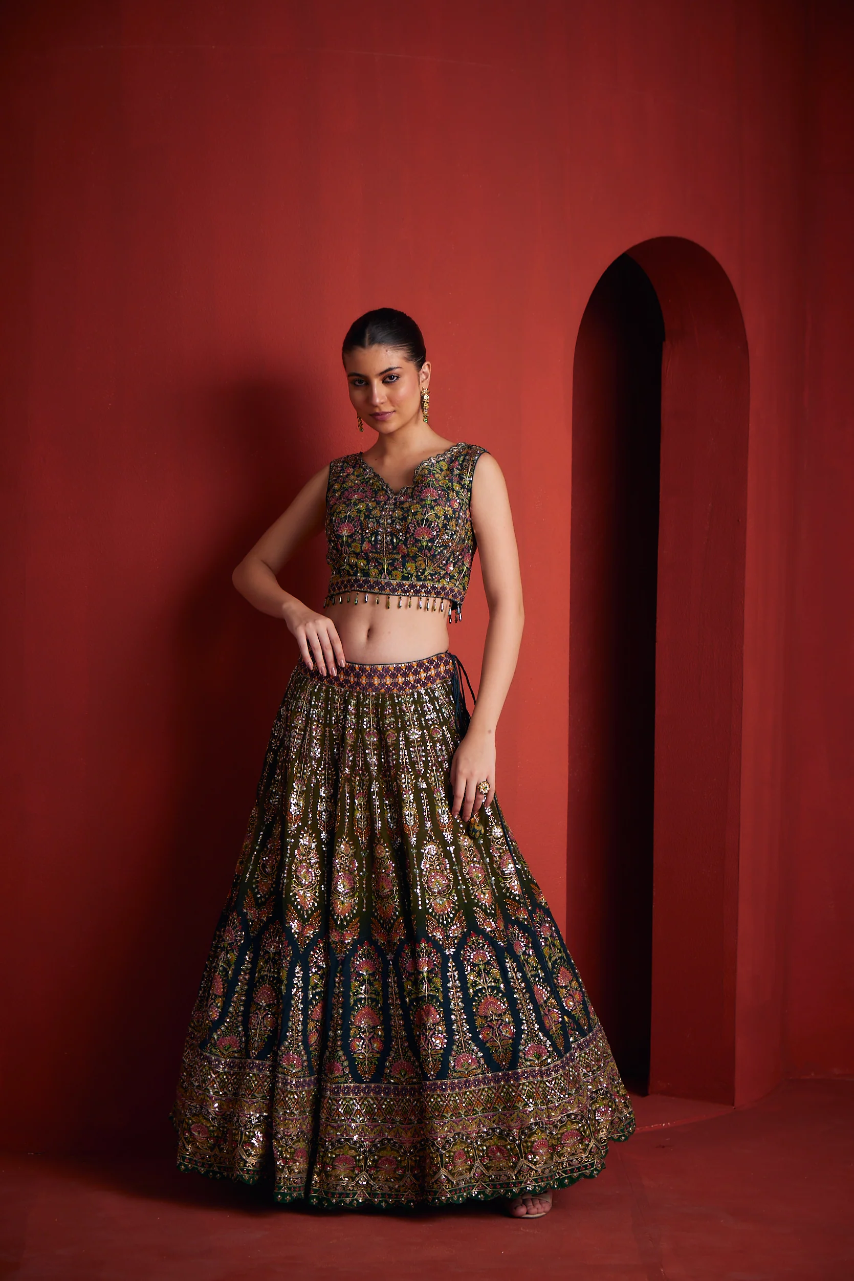 Neerus Women Green Color Silk Fabric Ghagra Set - Image 2