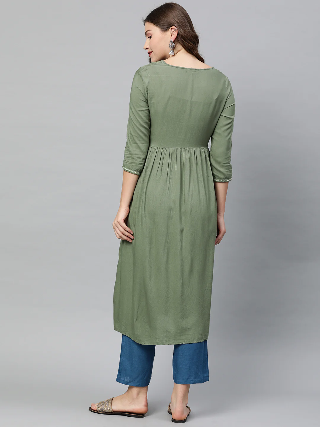 Neerus Women Green Embroidered A-Line Kurta With Tie-Up Detail Gatherers - Image 4