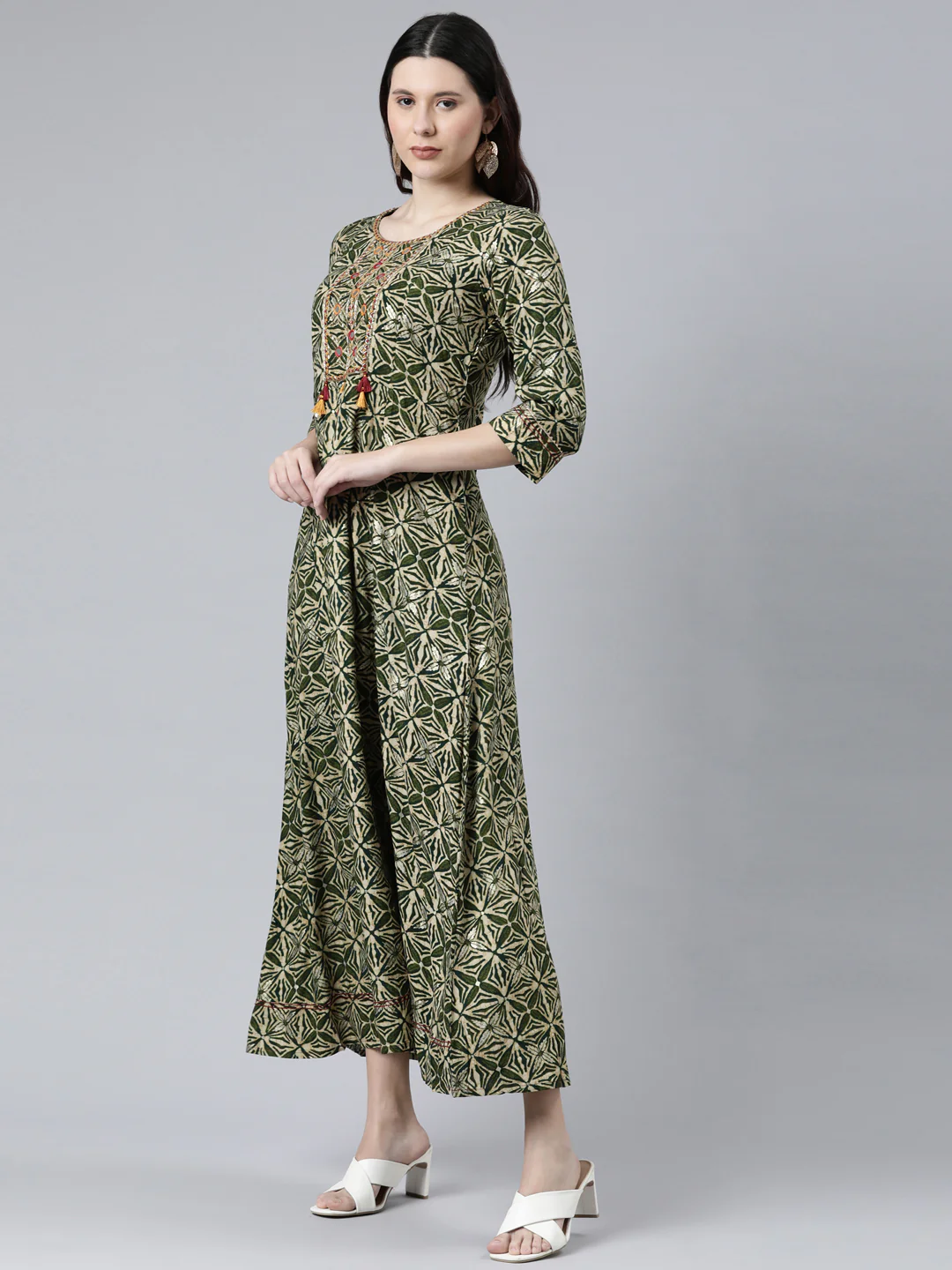 Neerus Women Green Ethnic Motifs Printed Thread Work Anarkali Kurta - Image 2