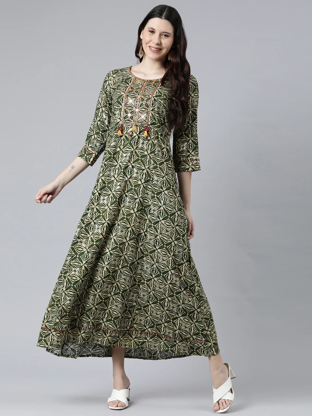 Neerus Women Green Ethnic Motifs Printed Thread Work Anarkali Kurta - Image 5