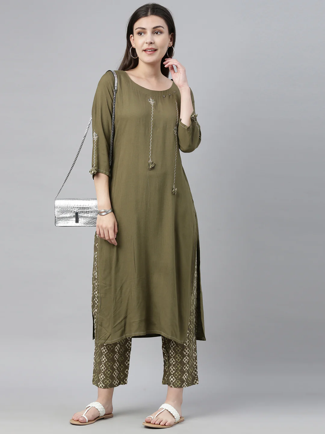 Neerus Women Green  Off-White Embroidered Kurta with Trousers - Image 5