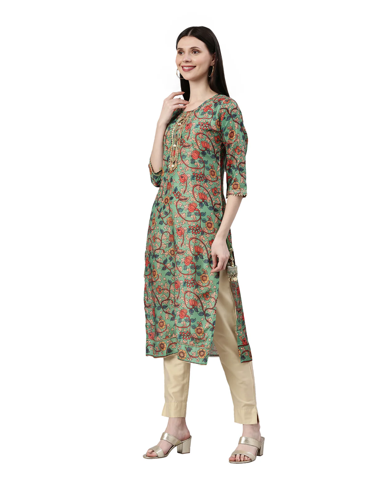 Neerus Women Green & Orange Floral Printed Kurta - Image 2