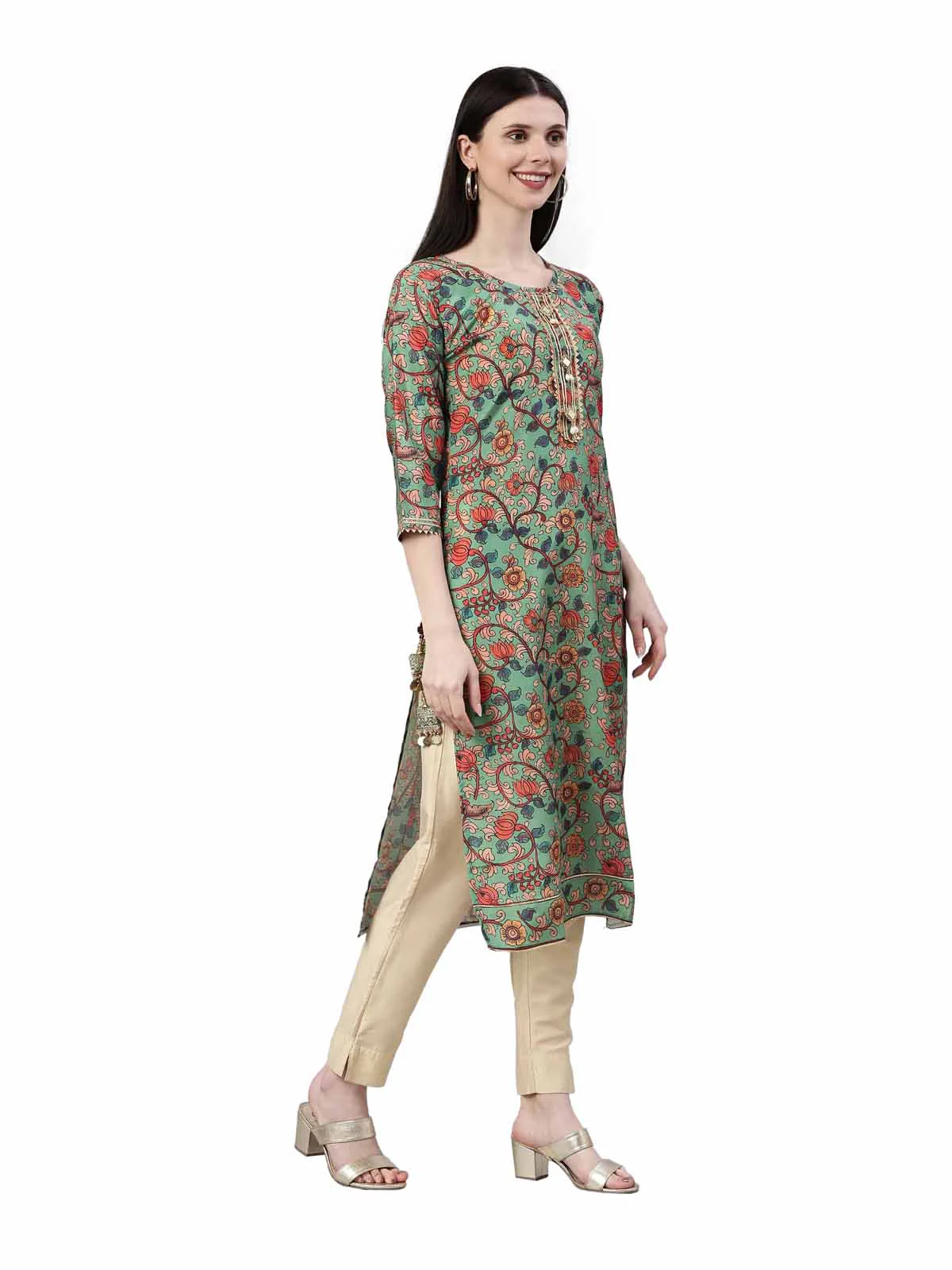 Neerus Women Green & Orange Floral Printed Kurta - Image 3