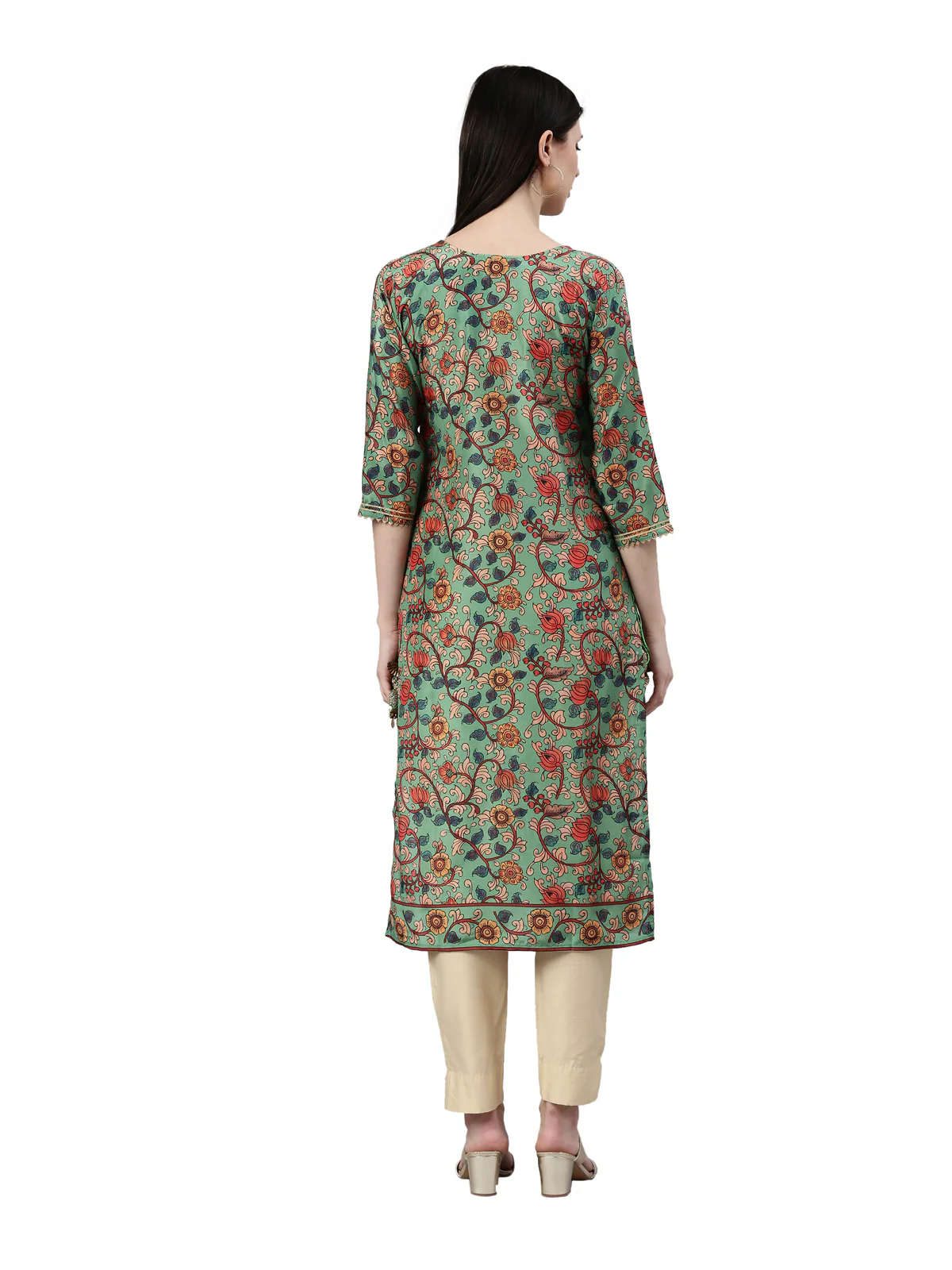 Neerus Women Green & Orange Floral Printed Kurta - Image 4