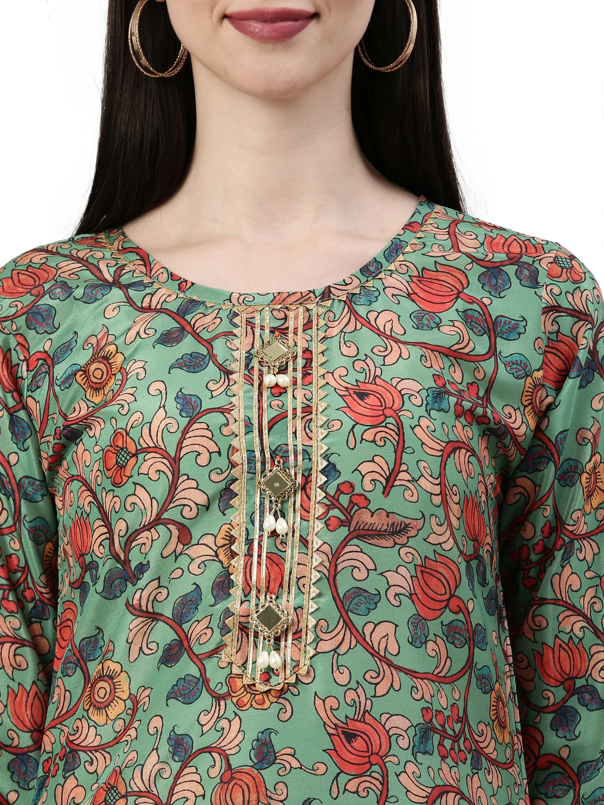 Neerus Women Green & Orange Floral Printed Kurta - Image 5