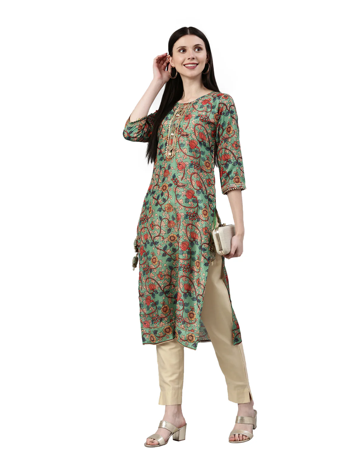 Neerus Women Green & Orange Floral Printed Kurta - Image 6