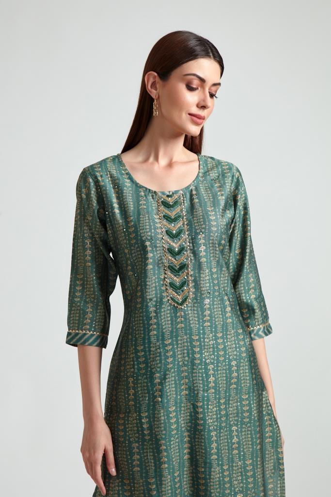 Neerus Women Green Printed Kurta with Trousers With Dupatta - Image 5