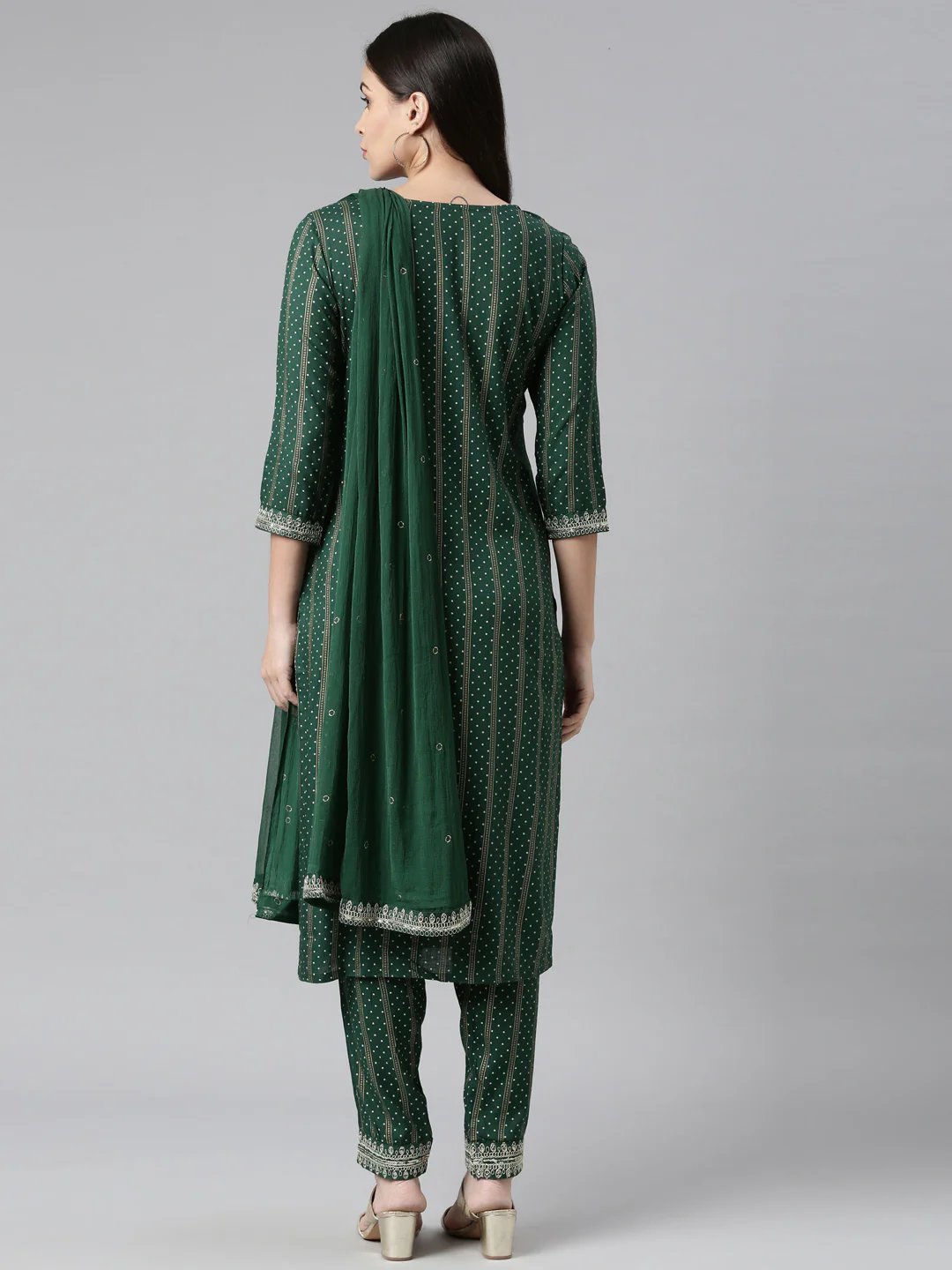 Neerus Women Green Silver Bandhani Embroidered Kurta With Trousers With Dupatta - Image 3