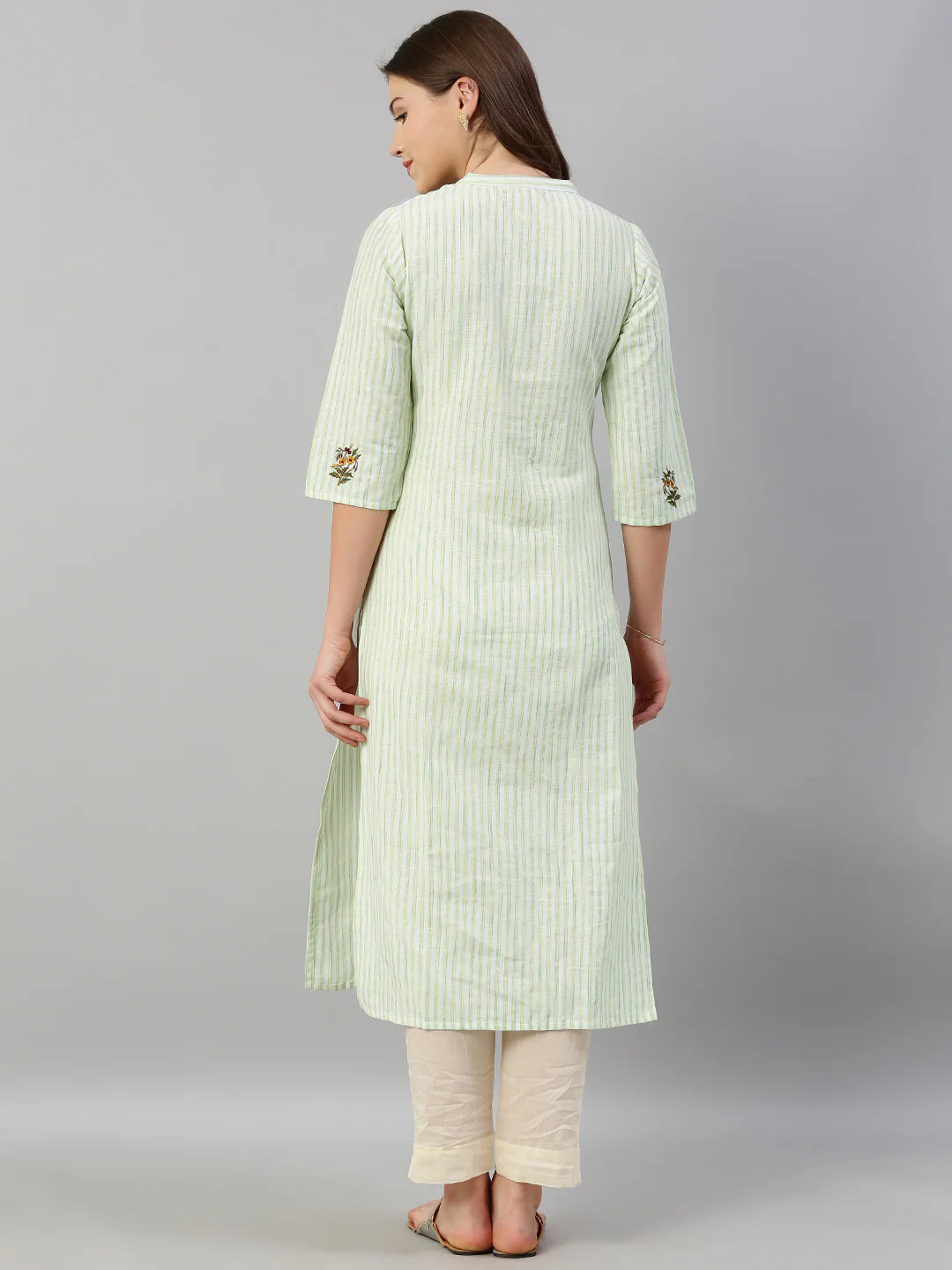 Neerus Women Green White Striped Straight Kurta With Embroidery - Image 4