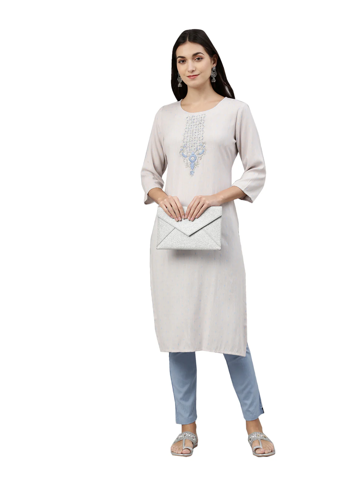 Neerus Women Grey  Blue Floral Embroidered Kurta - Image 6