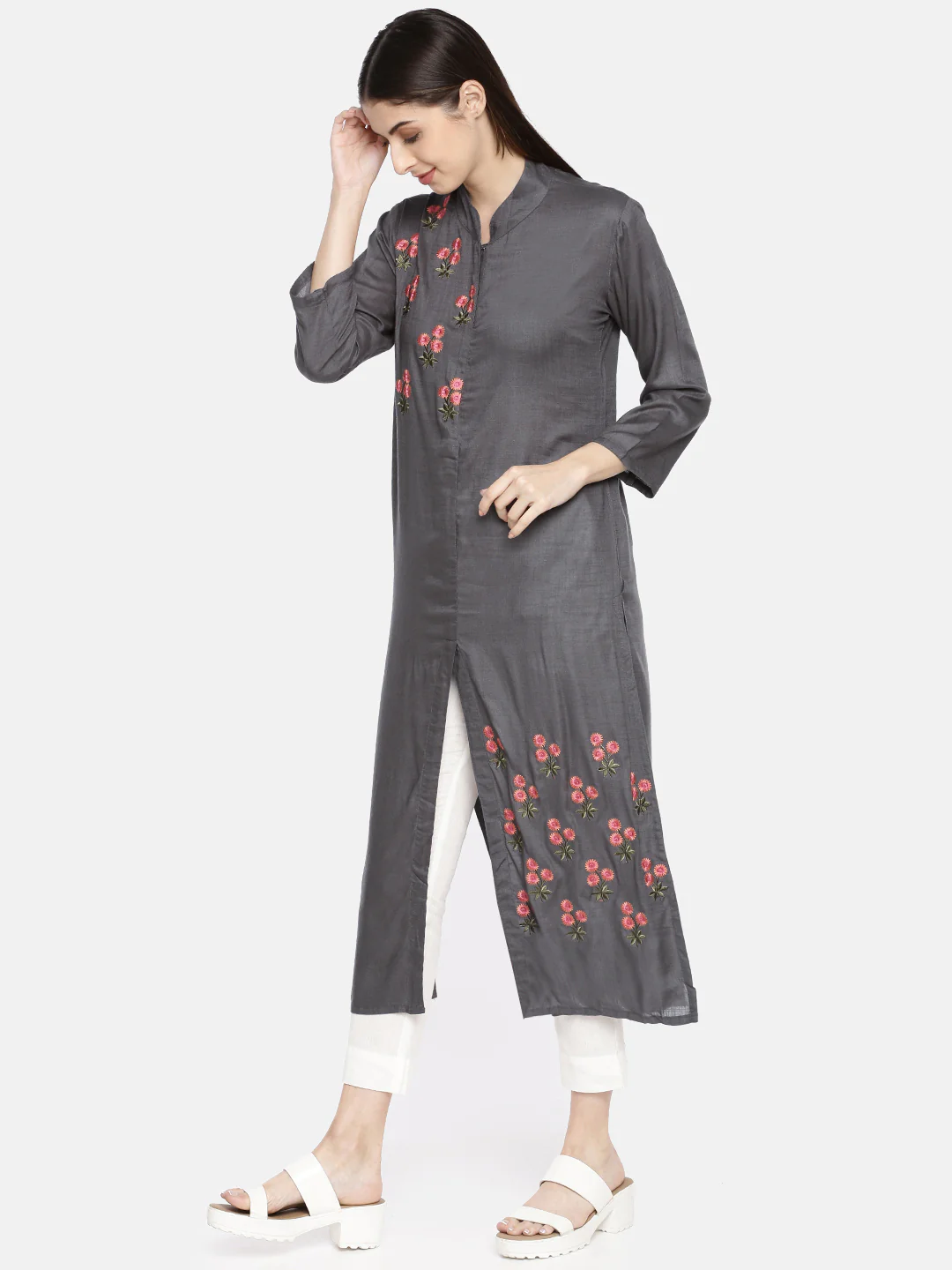 Neerus Women Grey Embroidered A-Line Kurta - Image 3