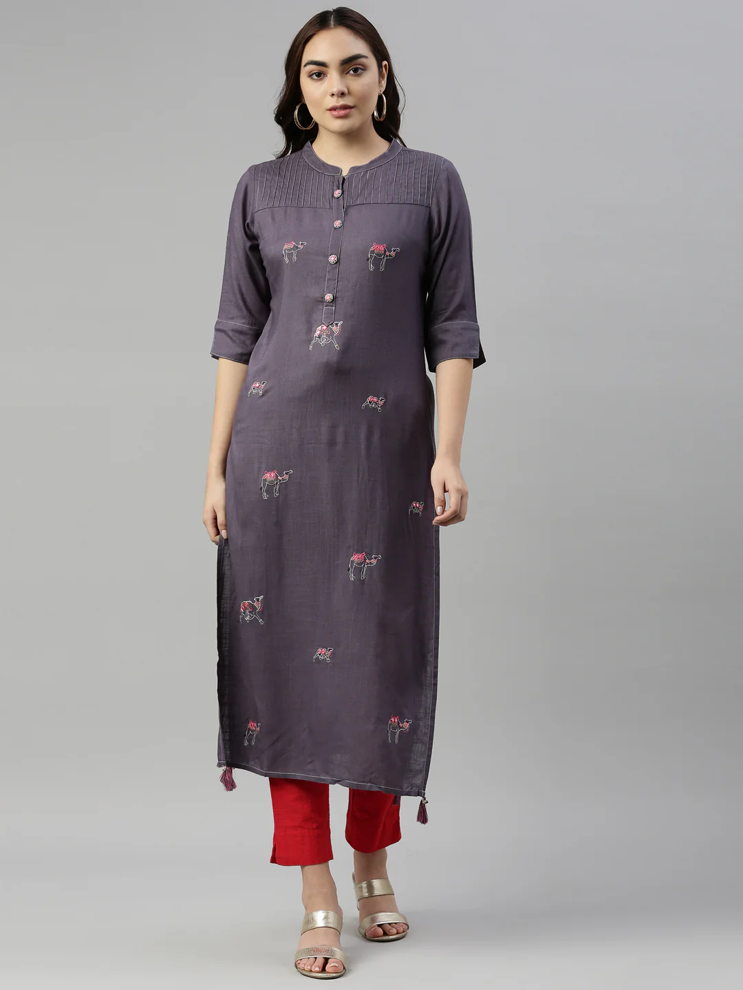 Neerus Women Grey Embroidered Mirror Work Kurta