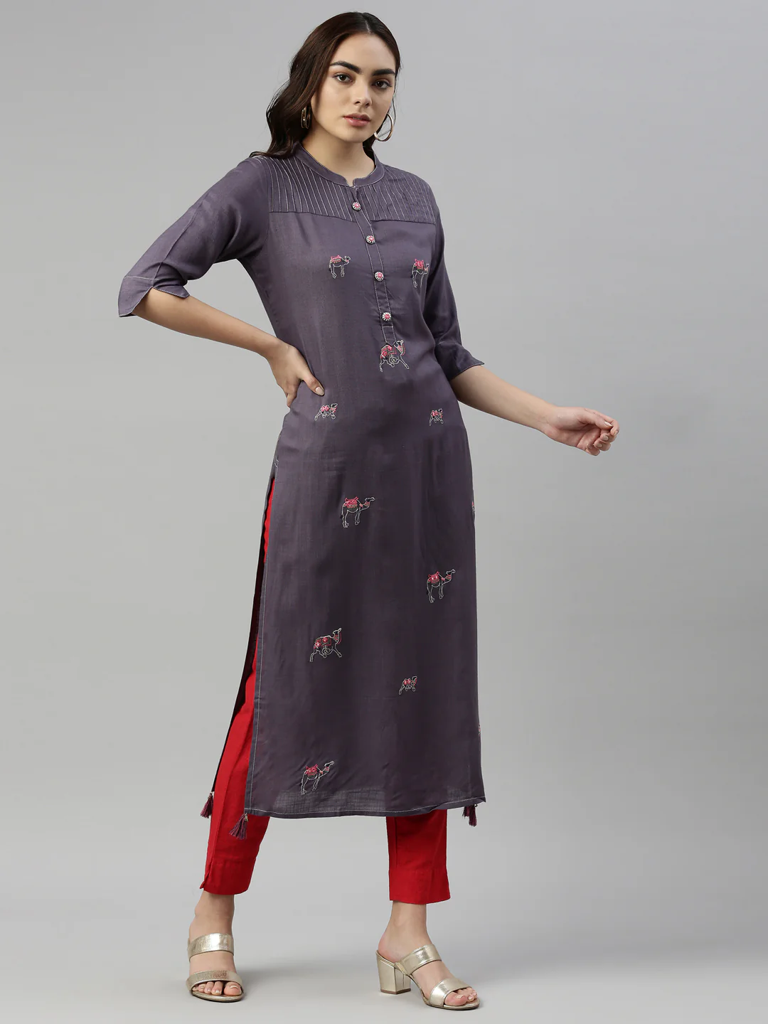 Neerus Women Grey Embroidered Mirror Work Kurta - Image 2