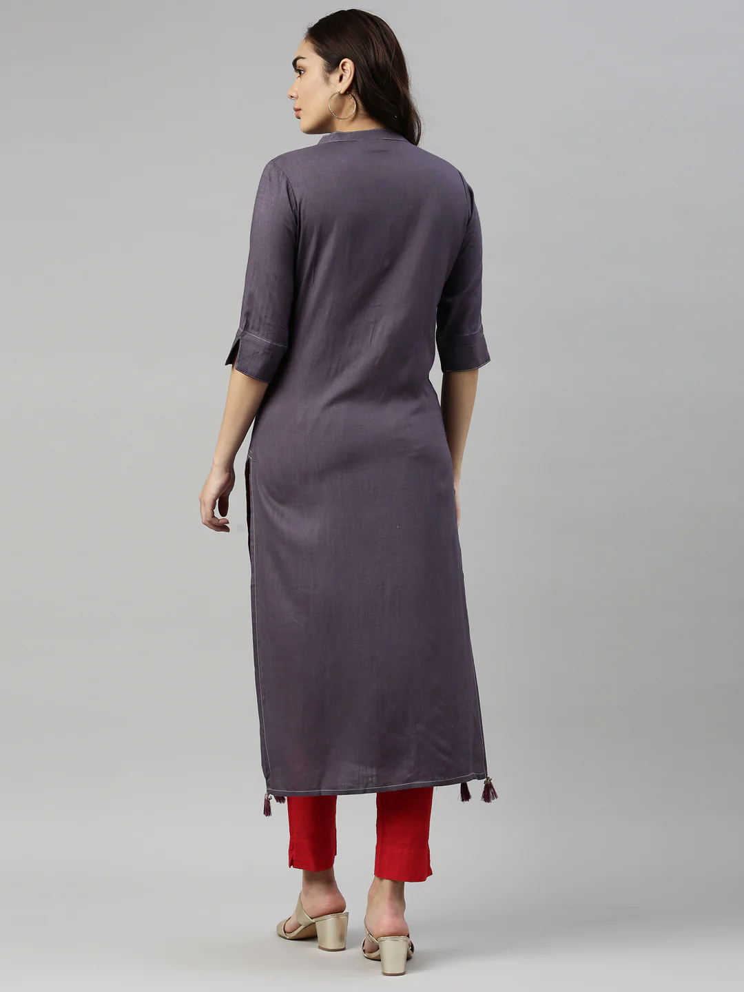 Neerus Women Grey Embroidered Mirror Work Kurta - Image 3