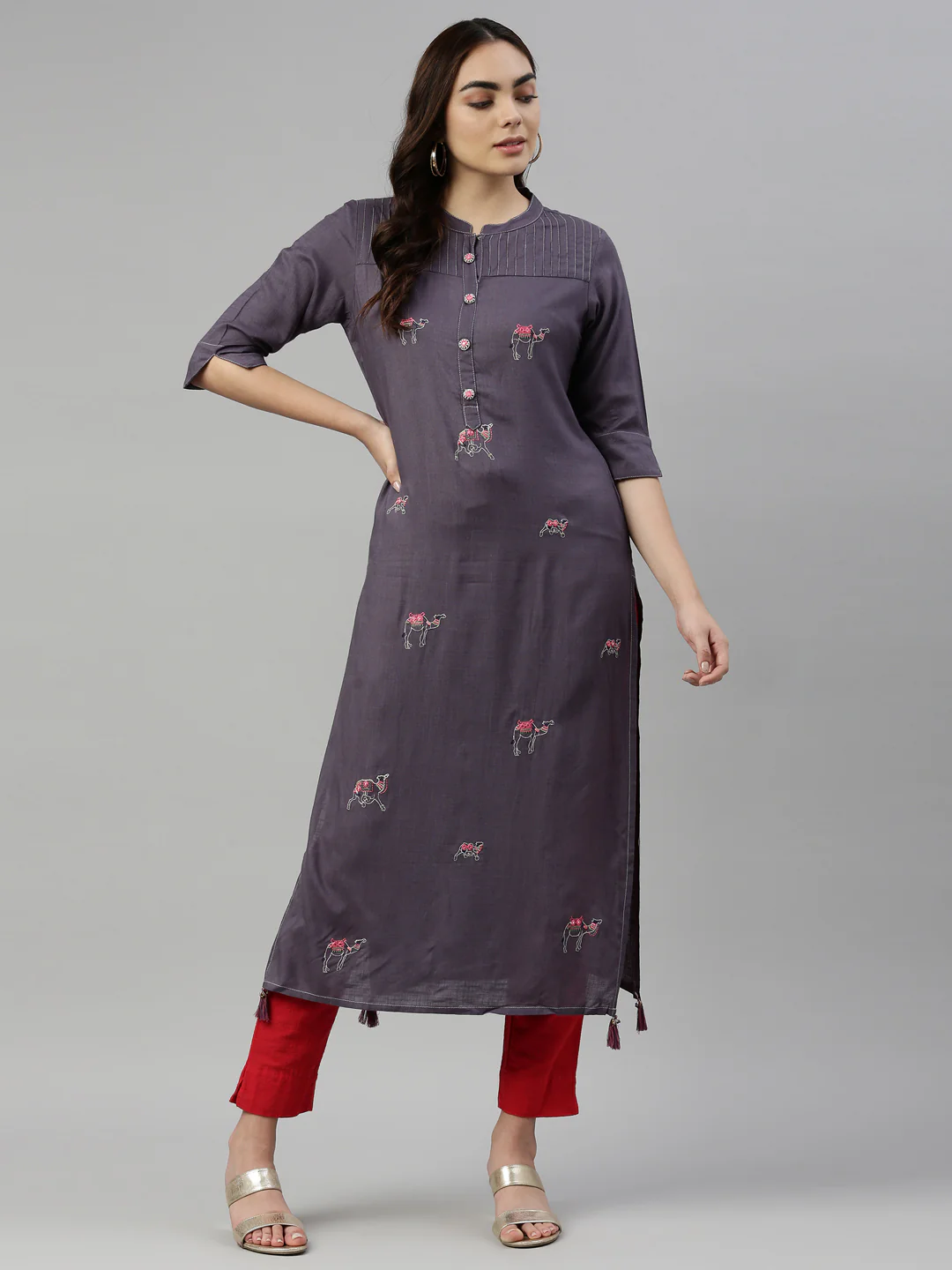 Neerus Women Grey Embroidered Mirror Work Kurta - Image 5