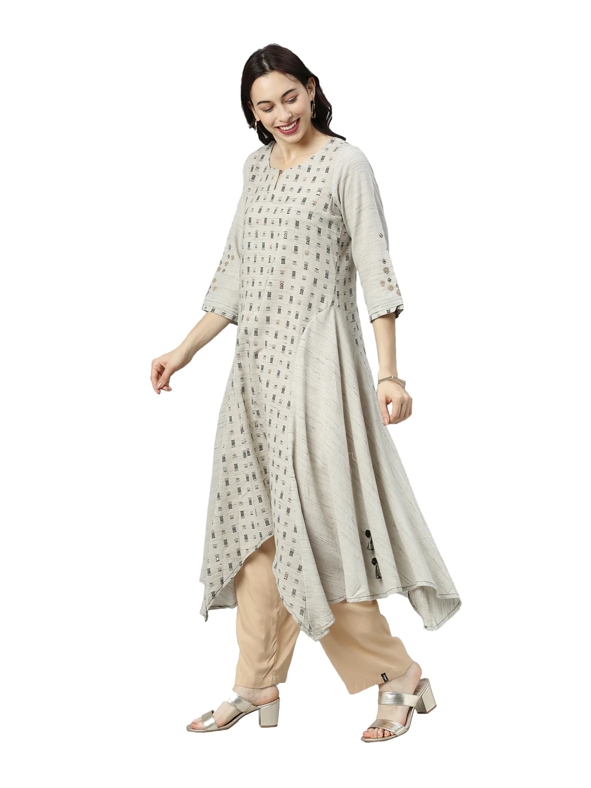 Neerus Women Grey Ethnic Motifs Printed Keyhole Neck Kurta - Image 2