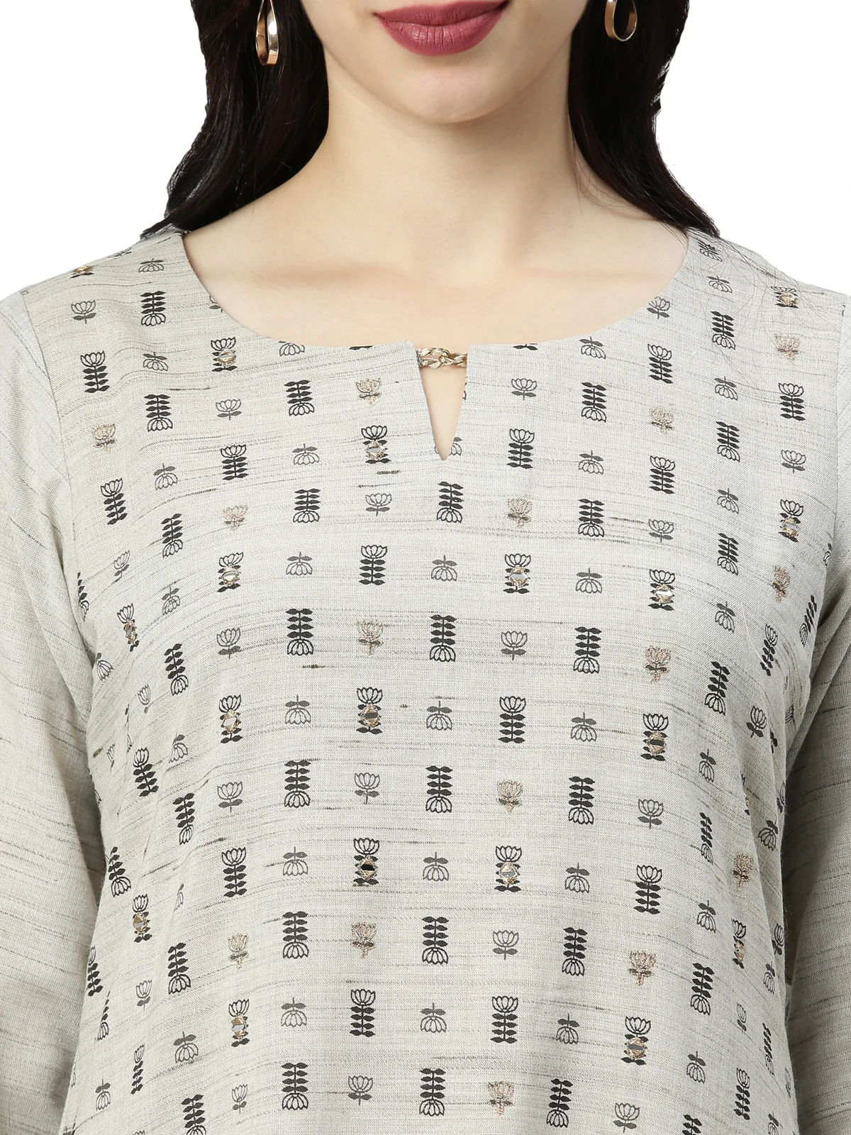 Neerus Women Grey Ethnic Motifs Printed Keyhole Neck Kurta - Image 5