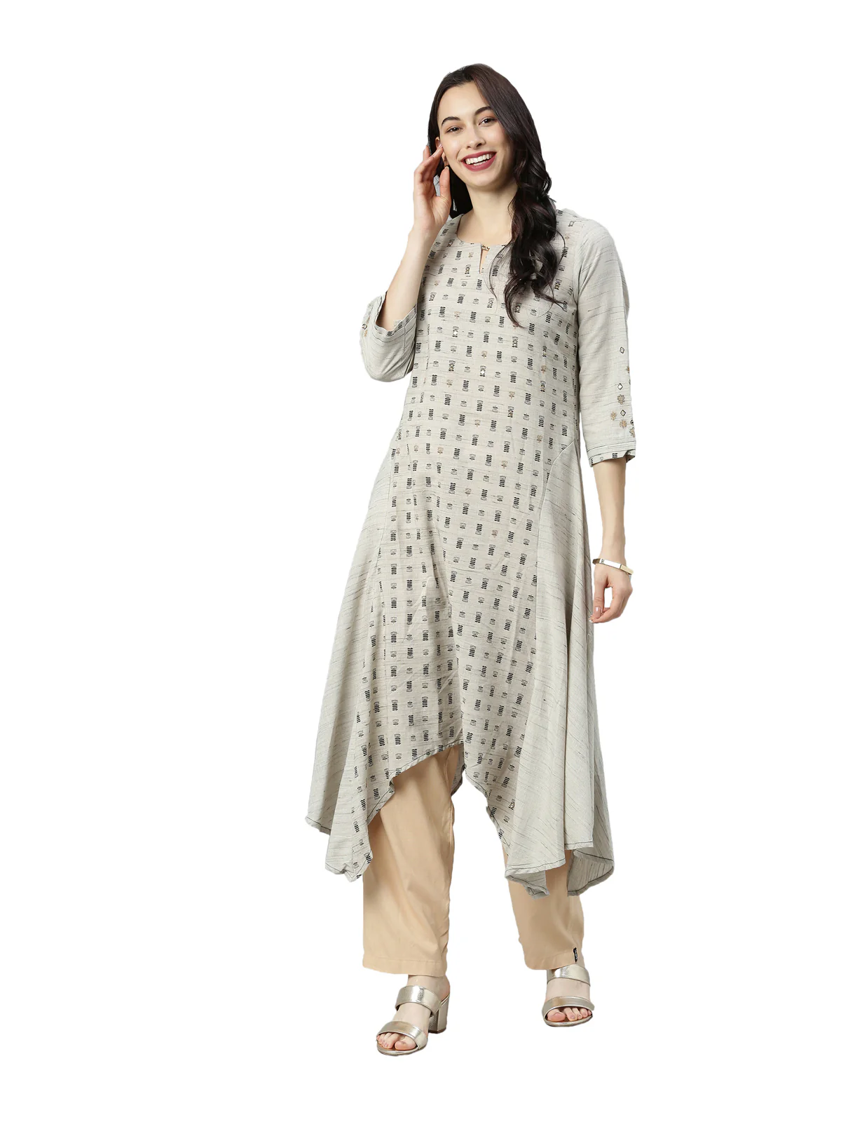 Neerus Women Grey Ethnic Motifs Printed Keyhole Neck Kurta - Image 6