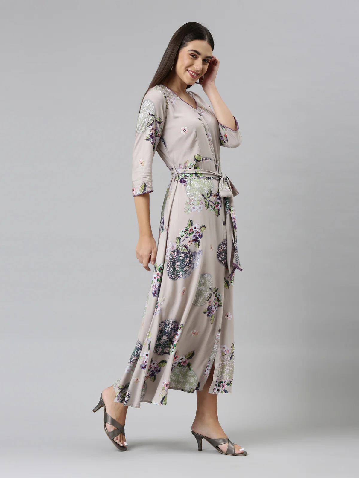 Neerus Women Grey Floral Ethnic Maxi Dress - Image 3